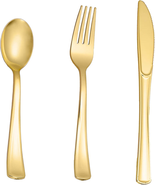 N9R 300PCS Gold Plastic Silverware, Heavy Duty Gold Plastic Cutlery Set Disposable Flatware Dinnerware, 100 Forks, 100 Spoons, 100 Knives, Perfect for Party, Wedding and Daily Use