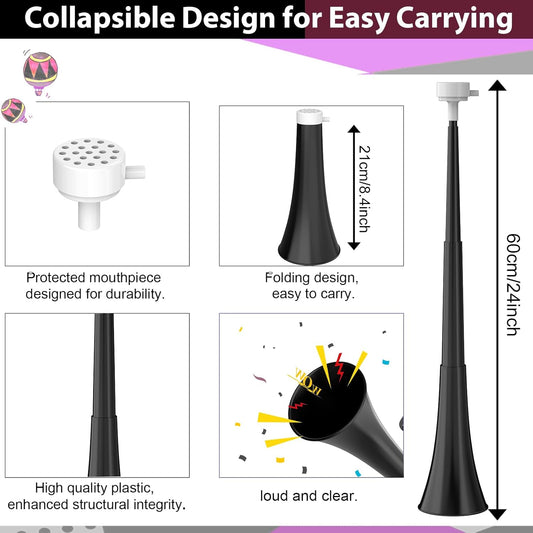 Collapsible Stadium Horn 24 Inch Vuvuzela Plastic Trumpet Blow Horns Noise makers for Sporting Events School Sports Football Games Party Supplies Favors Accessories (Black)