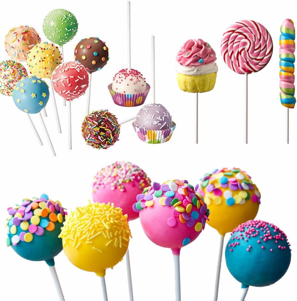 360 PCS Cake Pop Sticks and Wrappers Ties Kit, Including 120ct 6-inch Paper Lollipop Sticks, 120ct Cake Pop Parcel Bags, 100ct Silver Twist Ties for Candy Making Packaging Supplies