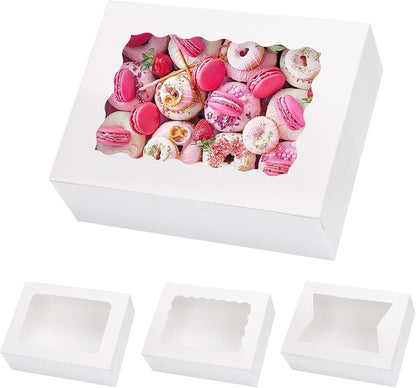 Moretoes 48pcs Bakery Boxes,12x8x2.5 Inches Cookie Boxes with 3 Style Window for Chocolate Covered Strawberries, Desserts, Cookies, with 4pcs Stickers