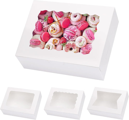 Moretoes 48pcs Bakery Boxes,12x8x2.5 Inches Cookie Boxes with 3 Style Window for Chocolate Covered Strawberries, Desserts, Cookies, with 4pcs Stickers