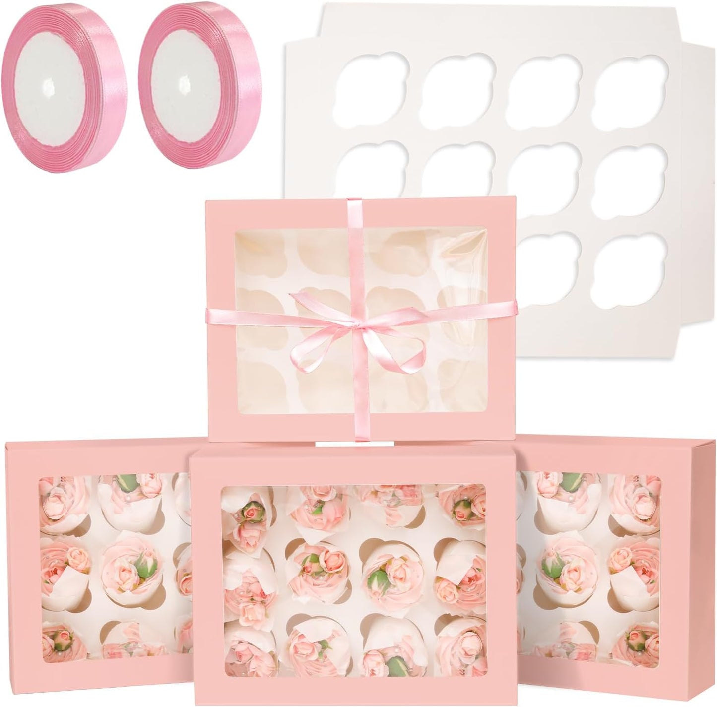 qiqee Auto-pop Up Cupcake Boxes with Window White 40PCS 12 Count Cupcake Box 13"x10"x3.5" Cupcakes Carrier, 12 Cupcake Containers with 2 rolls of pink ribbons