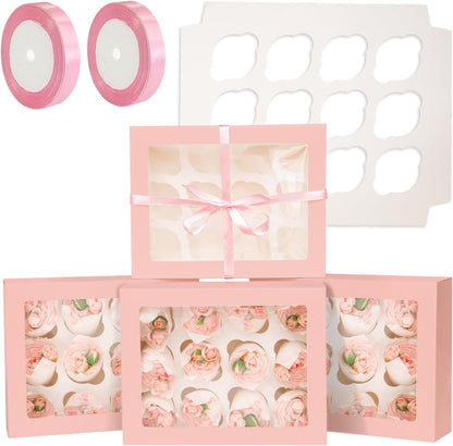 qiqee Auto-pop Up Cupcake Boxes with Window White 40PCS 12 Count Cupcake Box 13"x10"x3.5" Cupcakes Carrier, 12 Cupcake Containers with 2 rolls of pink ribbons
