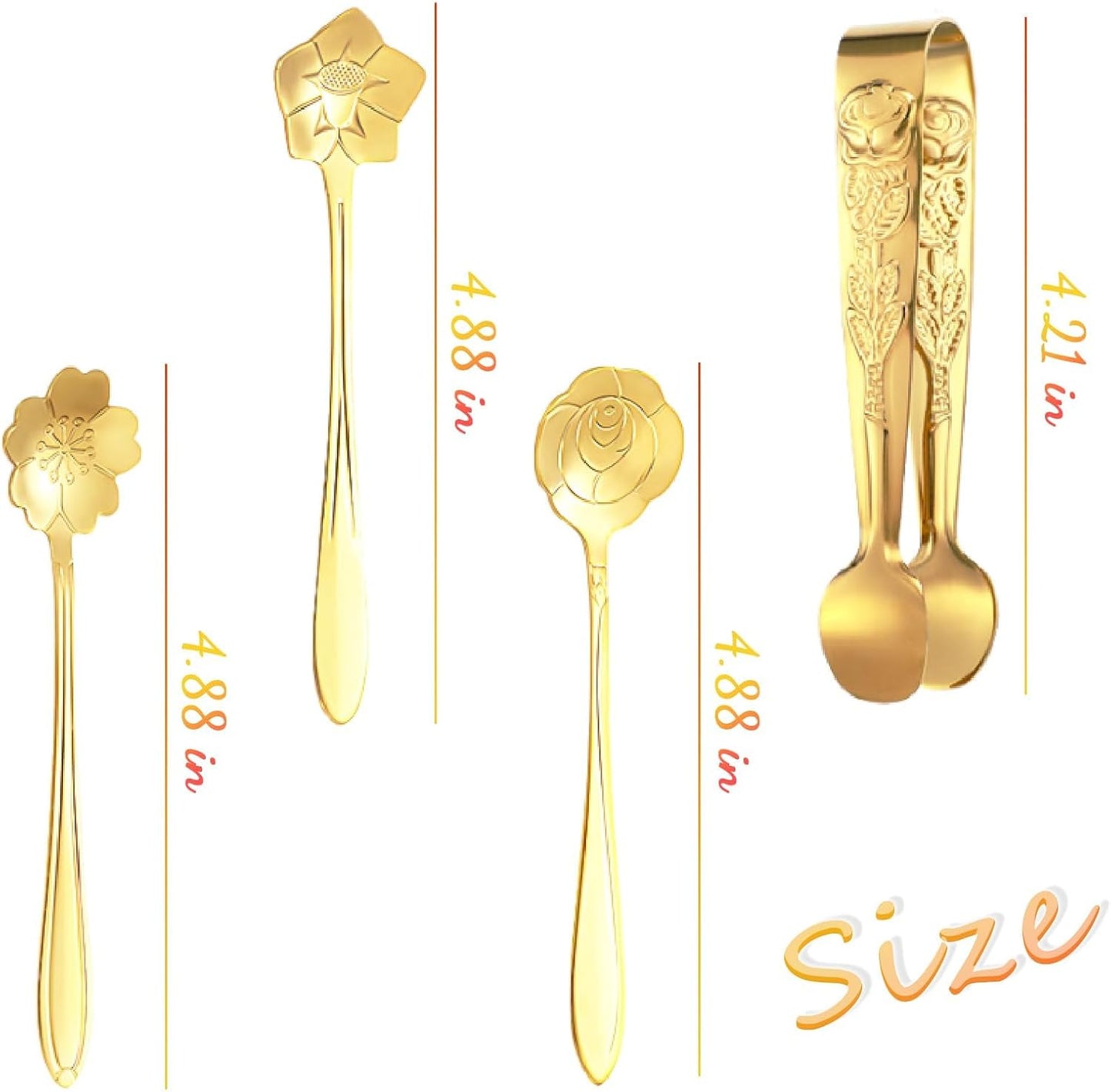 6 Pcs Mini Serving Tongs Rose Stainless Sugar Cube Tongs with Flower Spoon Coffee Teaspoon Stirring Spoon for Tea and Coffee Party, Desserts(Gold)