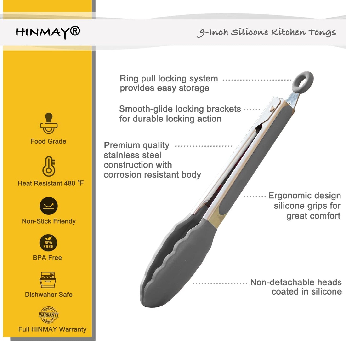 HINMAY Serving Tongs 9-Inch Cooking Tongs with Silicone Tips, Set of 3 (Black)
