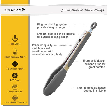 HINMAY Serving Tongs 9-Inch Cooking Tongs with Silicone Tips, Set of 3 (Black)