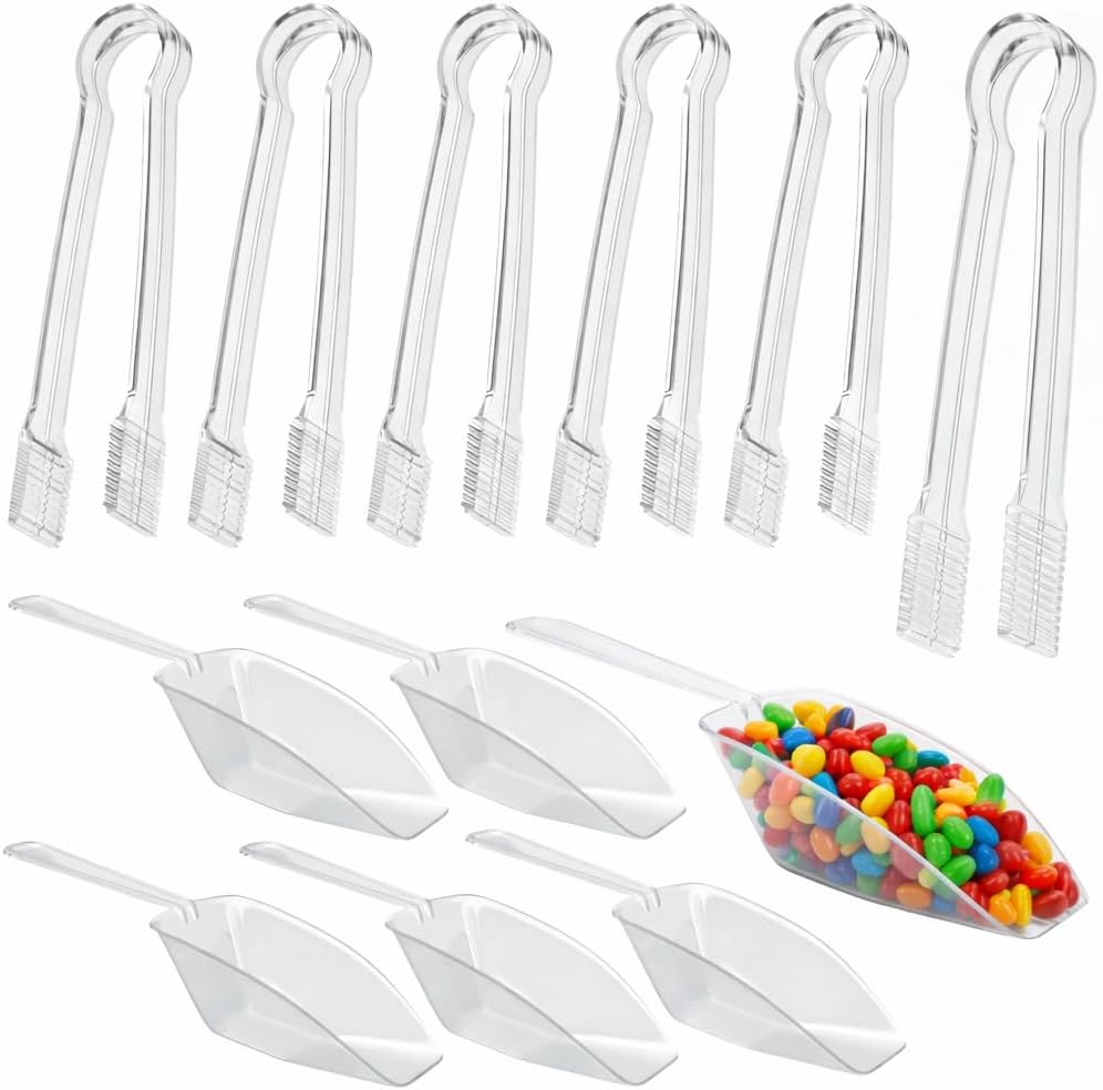 12 Combo Pack, 6 Clear Small Serving Tongs And 6 Clear Plastic Scoops For Candy Buffet Containers Set - Premium Mini Plastic Tongs For Ice, Candies And Candy Scoops For Candy Buffet