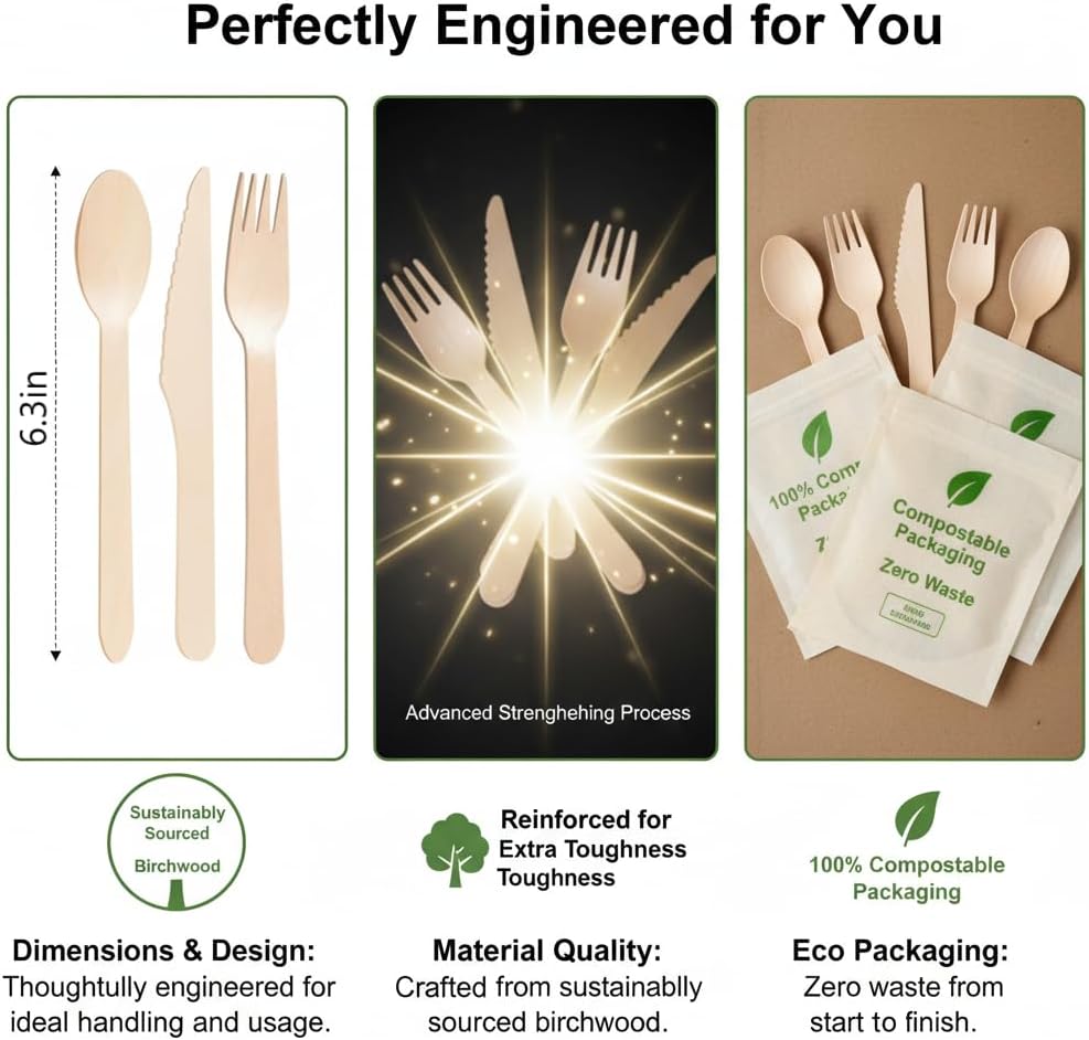 100% Compostable Cutlery Set - 150 Pieces Wooden Compostable Utensils [50 Forks, Knives, Spoons] - Disposable Wooden Cutlery, Eco Friendly Forks & Spoons Set Party Utensils