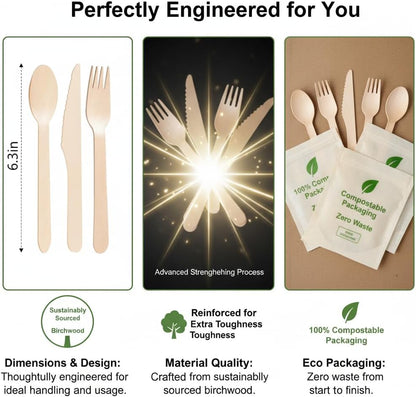 100% Compostable Cutlery Set - 150 Pieces Wooden Compostable Utensils [50 Forks, Knives, Spoons] - Disposable Wooden Cutlery, Eco Friendly Forks & Spoons Set Party Utensils