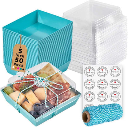 Leafiew 50 Pack Small Charcuterie Boxes with Clear Lids - To Go Paper Mini Charcuterie Box, Disposable Food Containers, 5Inch Dessert Boxes - Sandwich, Cookie, Sushi, Cake Slice, Strawberries (Brown)