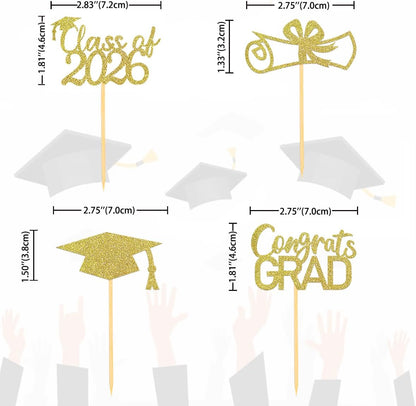 2026 Graduation Theme Cupcake Toppers Glitter Class of 2026 Graduation Cap Diploma Cupcake Picks - Set of 24 (Gold)
