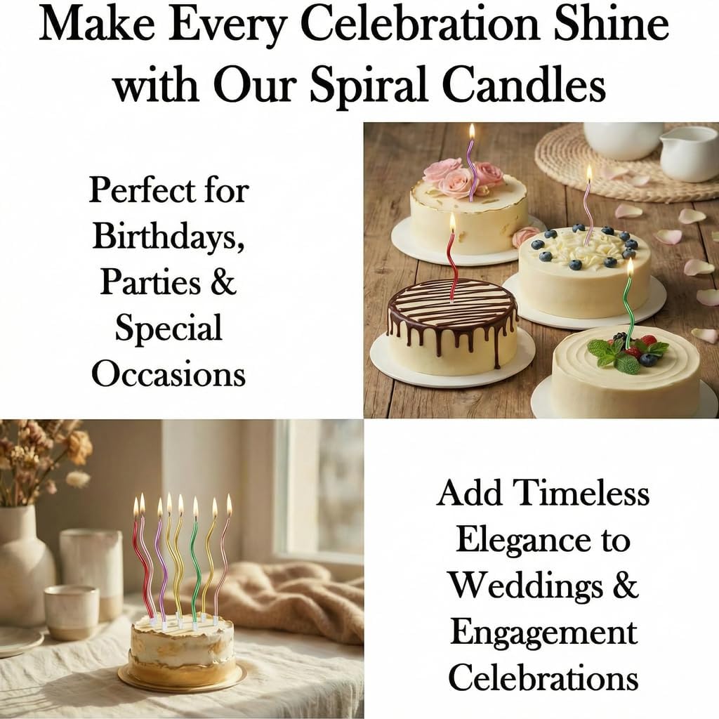 12-Count Spiral Birthday Candles, Long Twisty Gold Party Candles with Candle Holders, Long Burning for Weddings, Birthdays, Party Decorations, Cupcakes, Anniversary and Meetups (Gold)