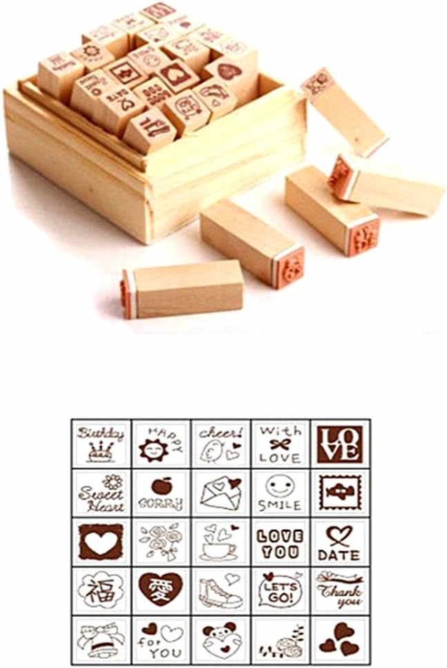 Diary Stamp Set,Wooden Rubber Signet for Children DIY Scrapbooking Card Making(25pcs,Happy Life)