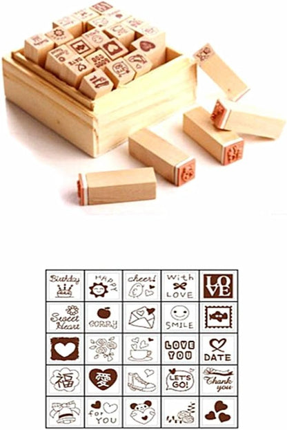 Diary Stamp Set,Wooden Rubber Signet for Children DIY Scrapbooking Card Making(25pcs,Happy Life)