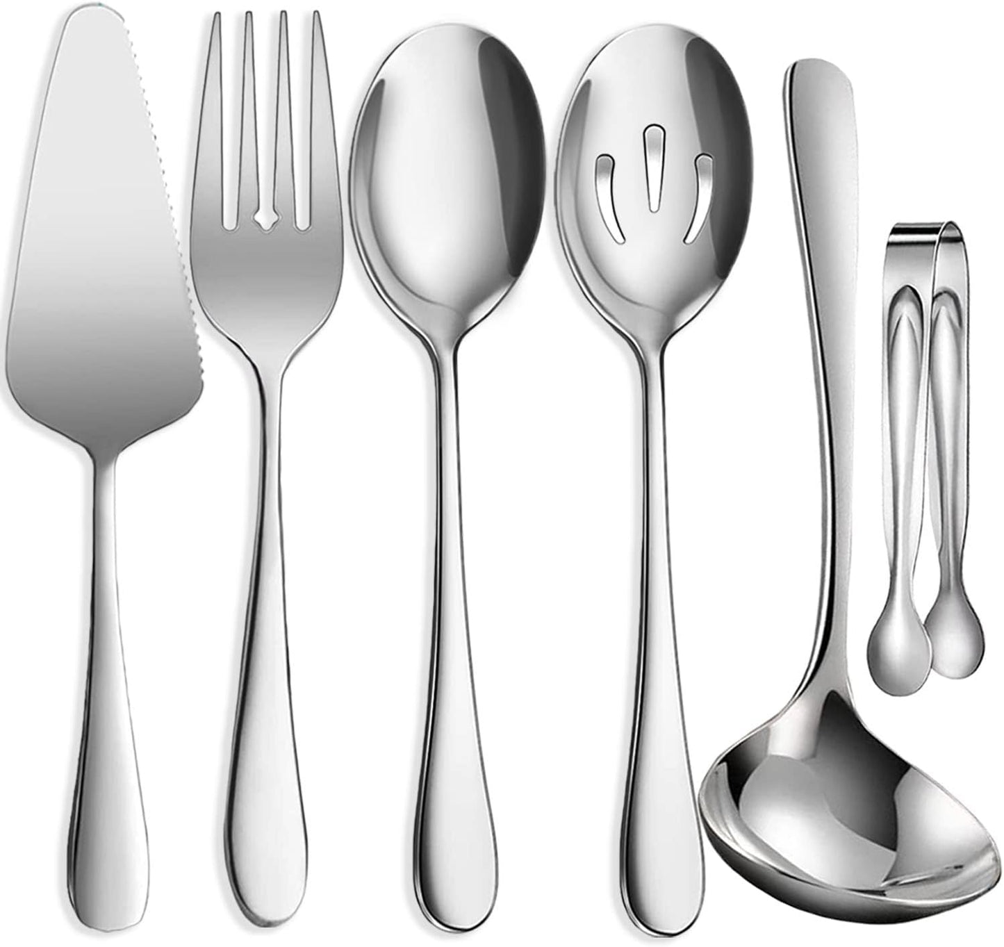 11 PCS Serving Utensils, Large Stainless Steel Spoons Forks Tongs, Pie Server, Great for Hostess Buffet Catering Banquet Party, Silver