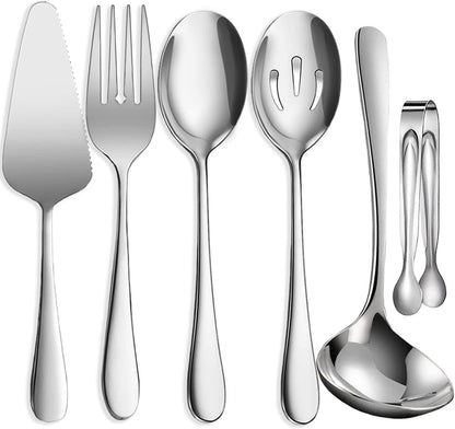 11 PCS Serving Utensils, Large Stainless Steel Spoons Forks Tongs, Pie Server, Great for Hostess Buffet Catering Banquet Party, Silver