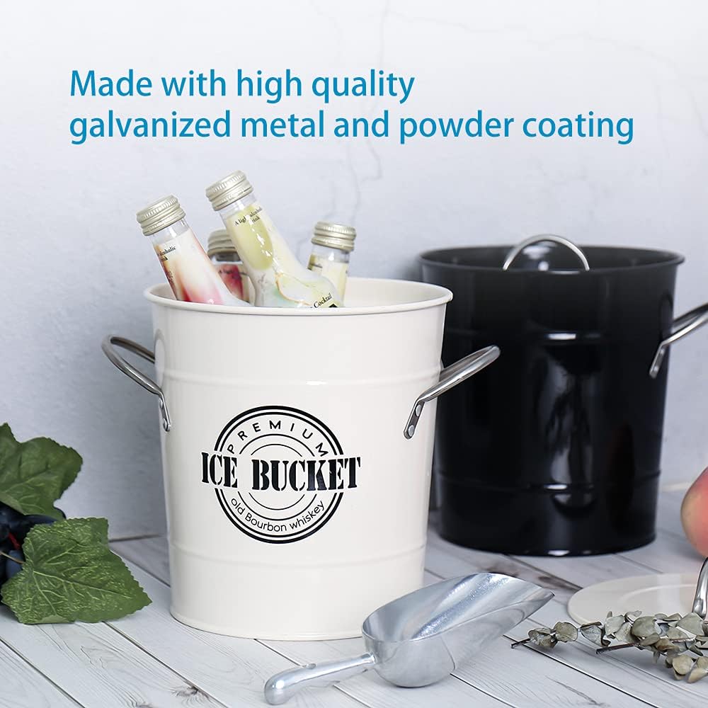 T586A 4L Cream White Metal Galvanized Double Walled Ice Bucket Set with Lid and Scoop