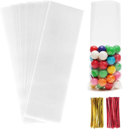 Cello Cellophane Treat Bags,5x7 Inches Clear Cellophane Bags 200 Pcs OPP Plastic Treat Bags with 200 Twist Ties for Gift Wrapping,Packaging Candies,Dessert,Bakery, Cookies, Chocolate,Party Favor