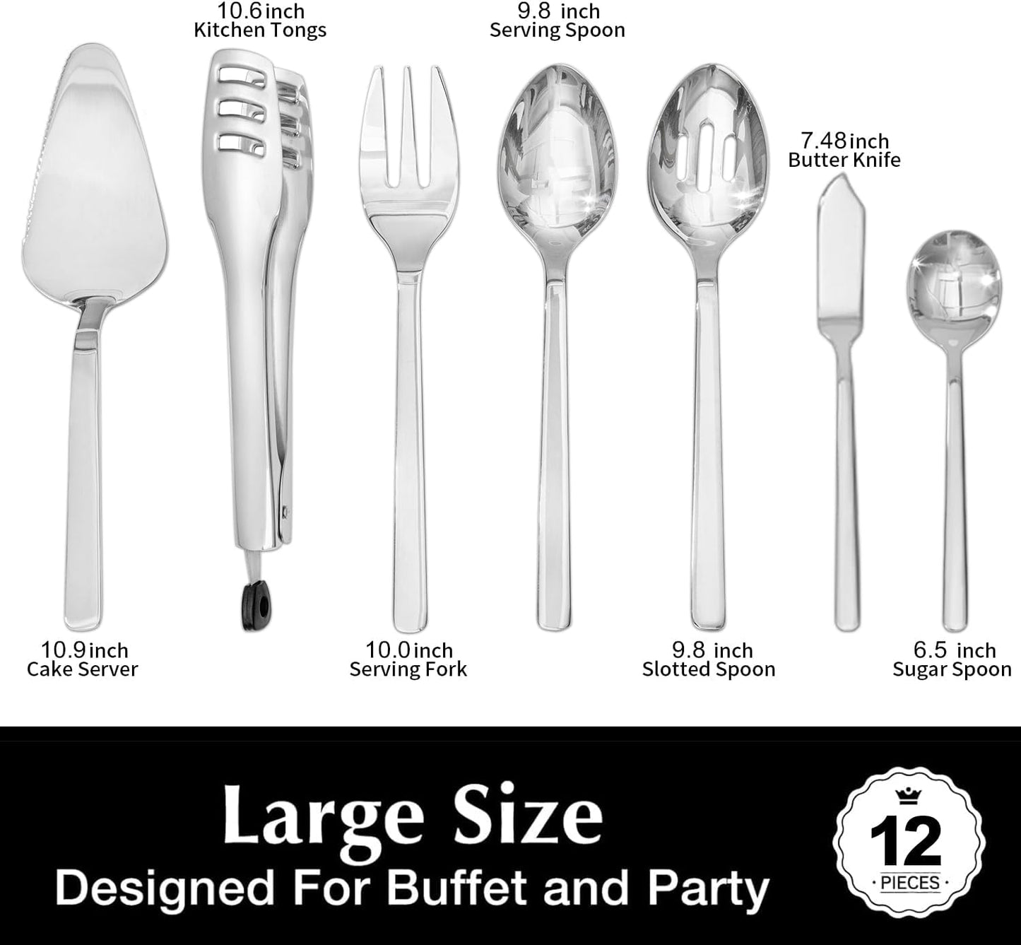 KINGSTONE Large Hostess Serving Utensils Set, 18/10 Stainless Steel Heavy Duty 10-inch Serving Utensils, Slotted Spoons, Forks, Tongs, Cake Pie Server for Buffet, Wedding, Party