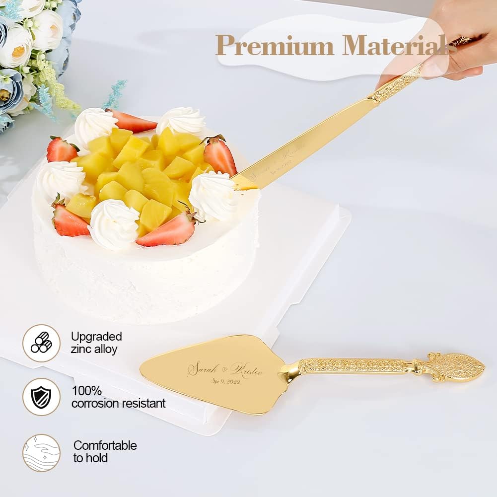 Cake Cutting Set for Wedding, Personalized Gold Cake Knife and Server Set, Custom Cake Serving Set, Engraved Pastry Pie Server Cake Pizza Cutter, Birthday Bridal Gift (F-Classic)