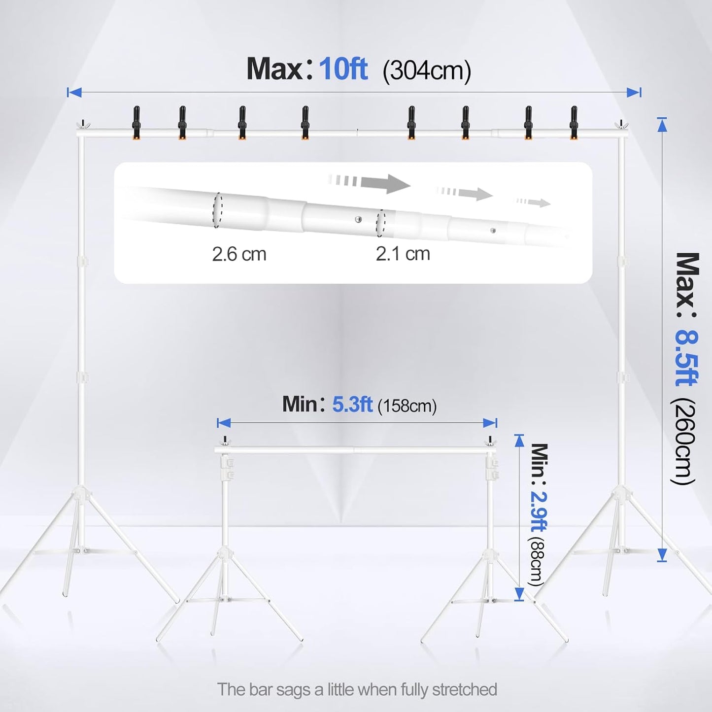 EMART Backdrop Stand 10x7ft(WxH) Photo Studio Adjustable Background Stand Support kit with 2 Crossbars, 8 Clamps, 2 Sandbags and Carry Bag for Parties, Events Decoration, Wedding, Photography -White