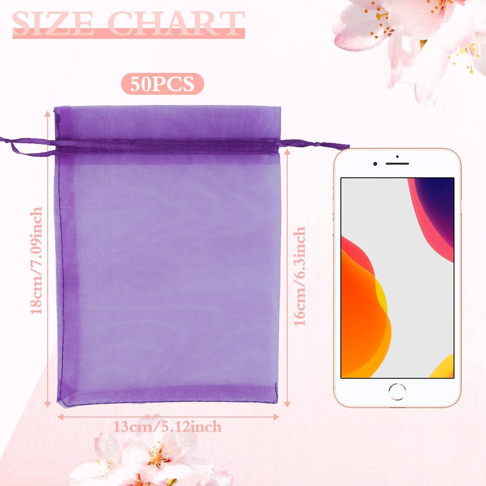 Organza Bags, Organza Bags 5 x 7 Inch, 50 Pcs White Sheer Party Favor Mesh Bag with Drawstring, Small Jewelry Gift Candy Bag for Wedding Christmas Birthday Halloween Graduation Party Favors Supplies