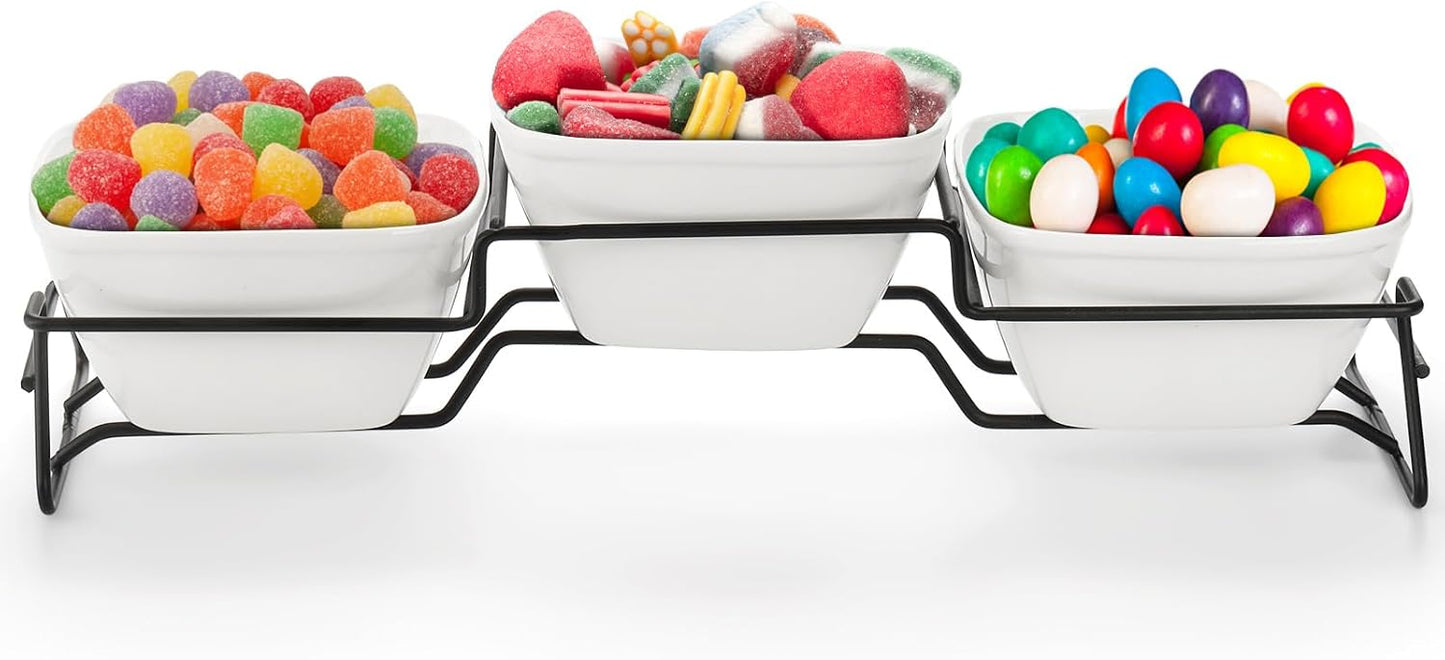 ZENFUN 10 oz Square Bowl Chip & Dip Serving Set, Pocelain Ramekin Bowls with Metal Rack Stand, White Small Serving Dishes, Condiment Serving Tray for Entertaining, Party, Buffets, Christmas