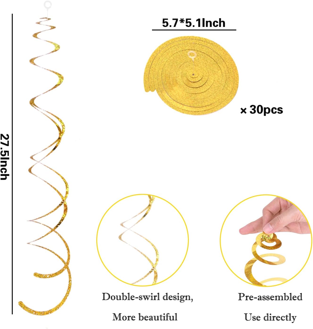 30 Pieces Gold Hanging Swirl Decorations Sparkle Golden Plastic Streamers Ceiling Decorations Wedding Bachelorette Baby Shower Birthday Party Anniversary Graduation Christmas New Year Decorations