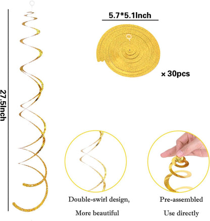 30 Pieces Gold Hanging Swirl Decorations Sparkle Golden Plastic Streamers Ceiling Decorations Wedding Bachelorette Baby Shower Birthday Party Anniversary Graduation Christmas New Year Decorations