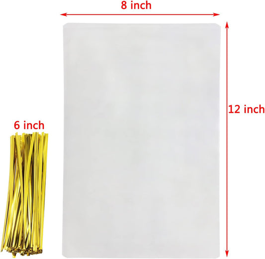 Mini Skater 8" x 12" Clear Treat Bags OPP Cello Cellophane Flat Bag With 50Pcs Gold Color Twist Ties For Wedding Gift Candy Cookie Bakery Bread Dessert, 50Pcs