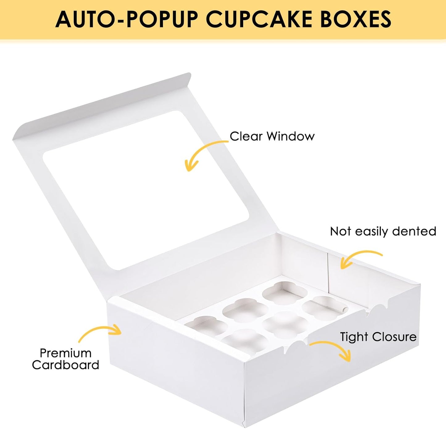 Moretoes 7 Pack Auto-popup Cupcake Boxes,12 Cupcake Containers, Bakery Carrier Boxes with Windows and Inserts for Grad Party Dessert Packaging (White)
