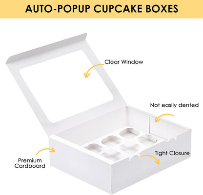 Moretoes 7 Pack Auto-popup Cupcake Boxes,12 Cupcake Containers, Bakery Carrier Boxes with Windows and Inserts for Grad Party Dessert Packaging (White)
