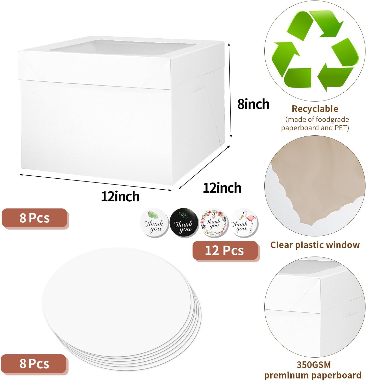16pcs 8x8x8 Inches Cake Boxes,8pcs White Bakery Boxes with Window and 8pcs Boards,Cajas storage for 8 inch Cake box, Disposable Pie Box, Father's Day,Wedding, Birthday, Party
