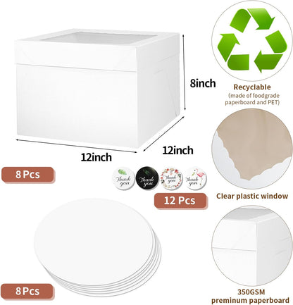16pcs 8x8x8 Inches Cake Boxes,8pcs White Bakery Boxes with Window and 8pcs Boards,Cajas storage for 8 inch Cake box, Disposable Pie Box, Father's Day,Wedding, Birthday, Party