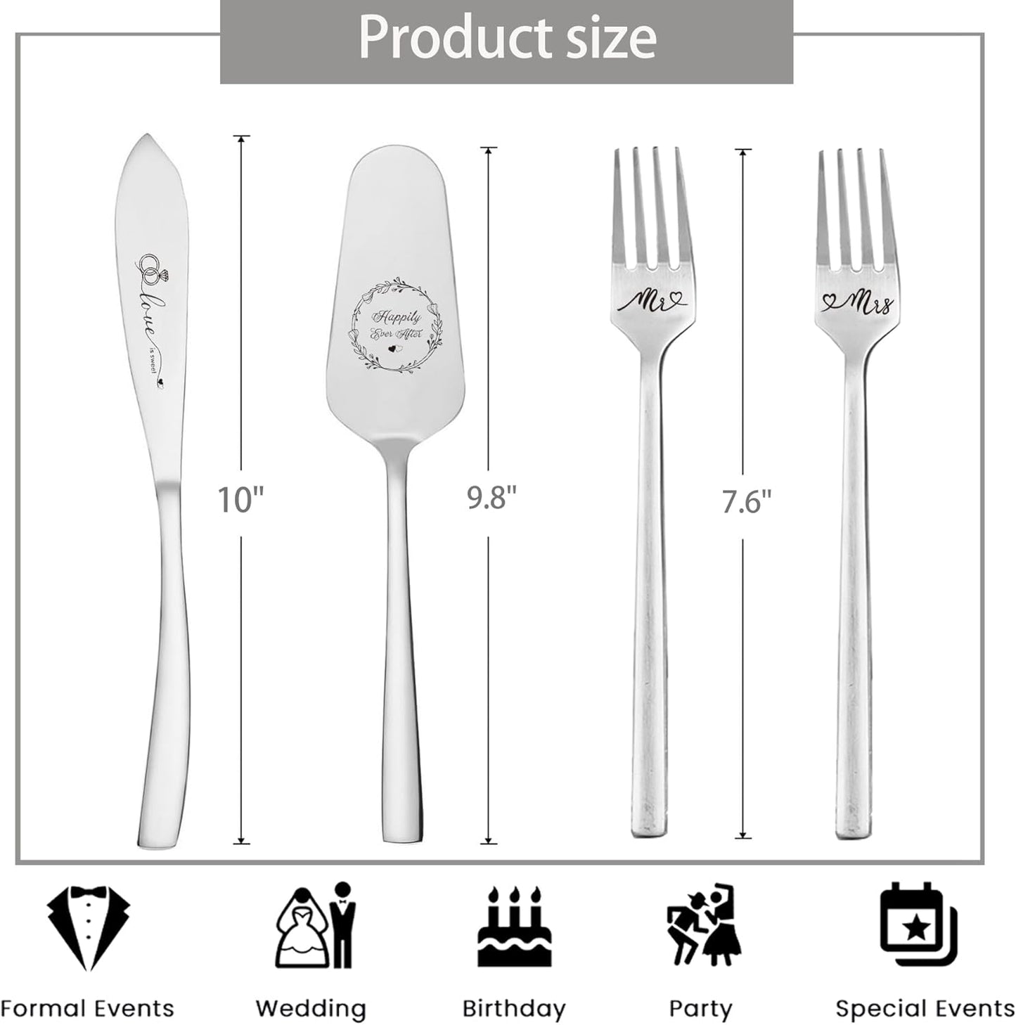 Cake Cutting Set For Wedding, Wedding Cake Knife And Server Set, Mr And Mrs Forks And Cake Cutter Set For Wedding, Bridal Shower Gifts, Engagement Gifts For Couples (Silver)