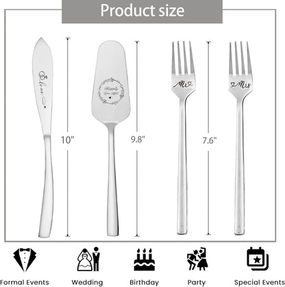 Cake Cutting Set For Wedding, Wedding Cake Knife And Server Set, Mr And Mrs Forks And Cake Cutter Set For Wedding, Bridal Shower Gifts, Engagement Gifts For Couples (Silver)