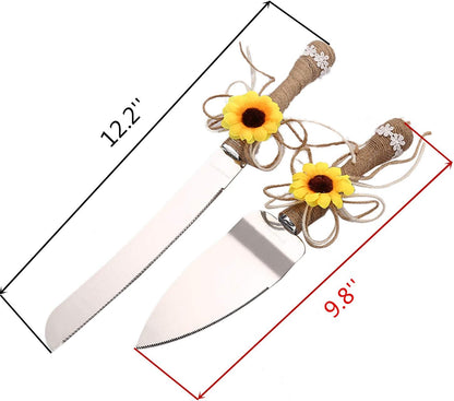 TANG SONG Rustic Style Stainless Steel Wedding Cake Knife and Serving Set Resin Plastic Handle with Artificial Green Leaf shape Design