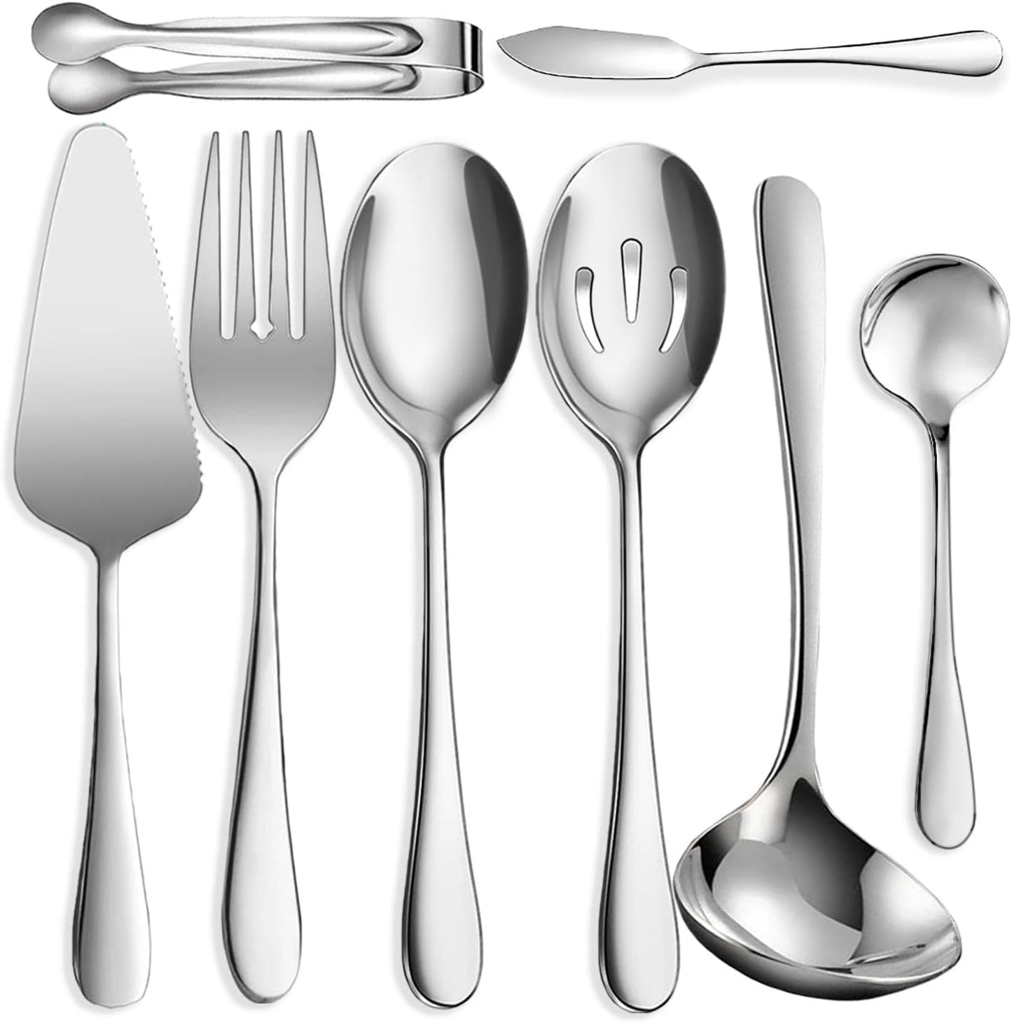 8 PCS Stainless Steel Serving Utensils, Large Serving Spoons Slotted Spoons, Forks, Ice Suger Tongs, Cake Server, Soup Ladle, Metal Utensils Set Great for Buffet Catering Banquet Party, Gold
