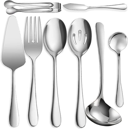 8 PCS Stainless Steel Serving Utensils, Large Serving Spoons Slotted Spoons, Forks, Ice Suger Tongs, Cake Server, Soup Ladle, Metal Utensils Set Great for Buffet Catering Banquet Party, Gold
