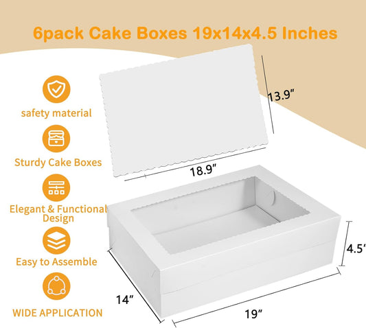 6pcs Cake Boxes with Cake Board, 19x14x4.5 Inches White Bakery Boxes with Large Window for Quarter Sheet Cakes, Donuts, Cupcakes, Pastry & Pies