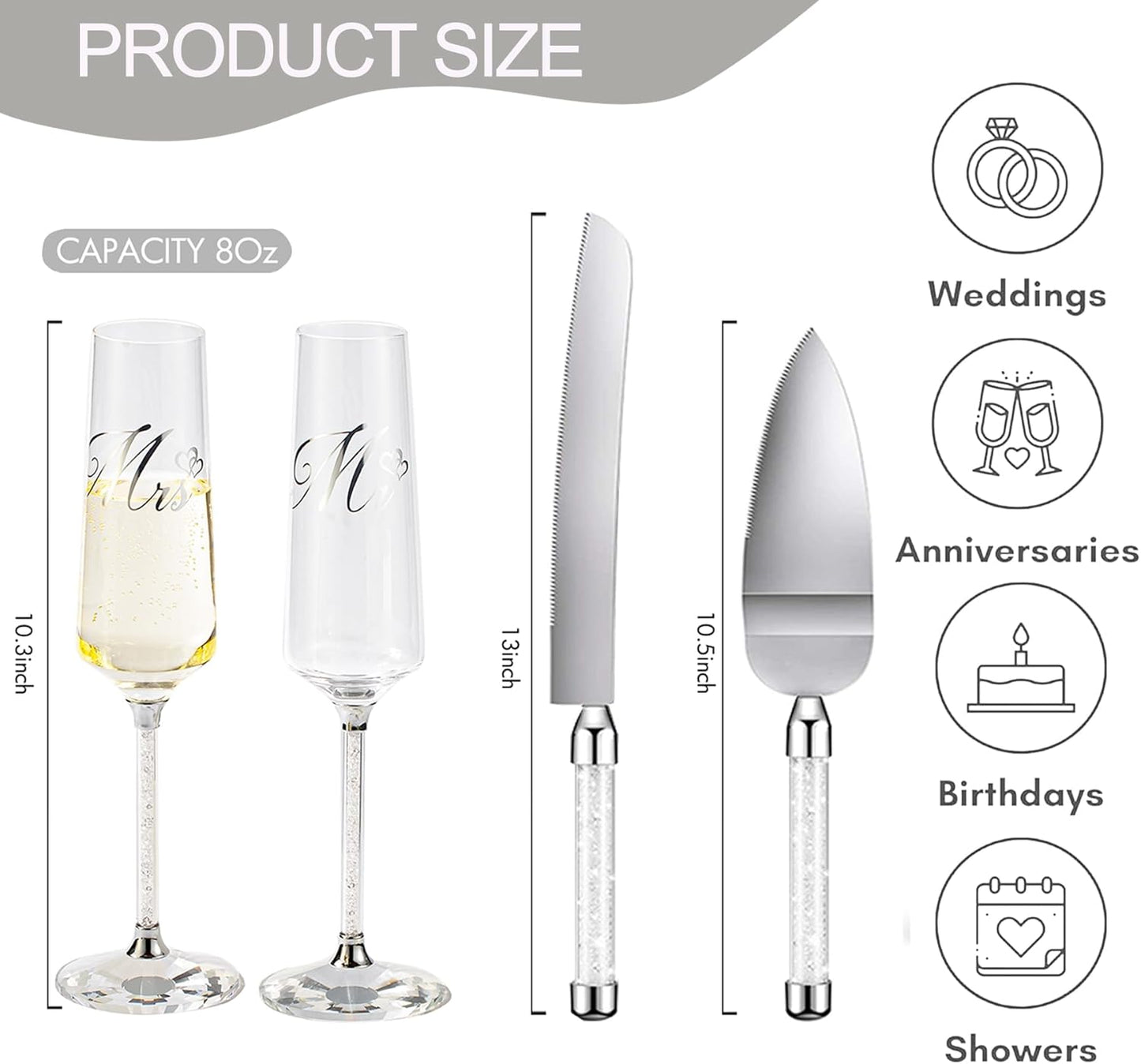 Wedding Cake Knife and Server Set, Mr and Champagne Flutes with Wedding Cake Cutting Set for Bride and Groom Toasting (Clear)