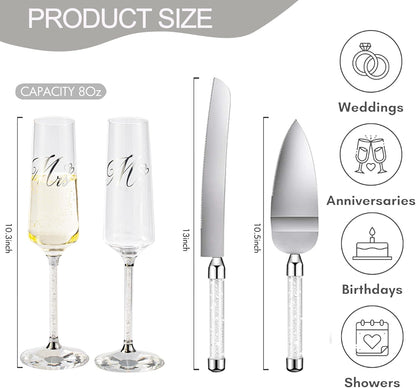 Wedding Cake Knife and Server Set, Mr and Champagne Flutes with Wedding Cake Cutting Set for Bride and Groom Toasting (Clear)