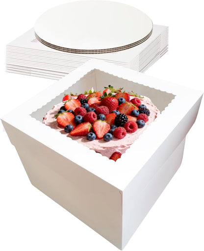3 Pack Cake Boxes,10x10x8 Inch Tall Cake Box with Cake Boards 10",Disposable Cake Containers with Lids,White Bakery Boxes with Large Window,for Layer Cakes,Pies,Donuts,Cookies,Wedding,Birthday,Party