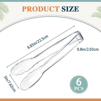 6 Pcs Clear Kitchen Tongs, Plastic Disposable for Serving Food, Ice, Salad, Barbecue, Cookies, BPA-Free(8.85 Inch) (6 X 8.85")