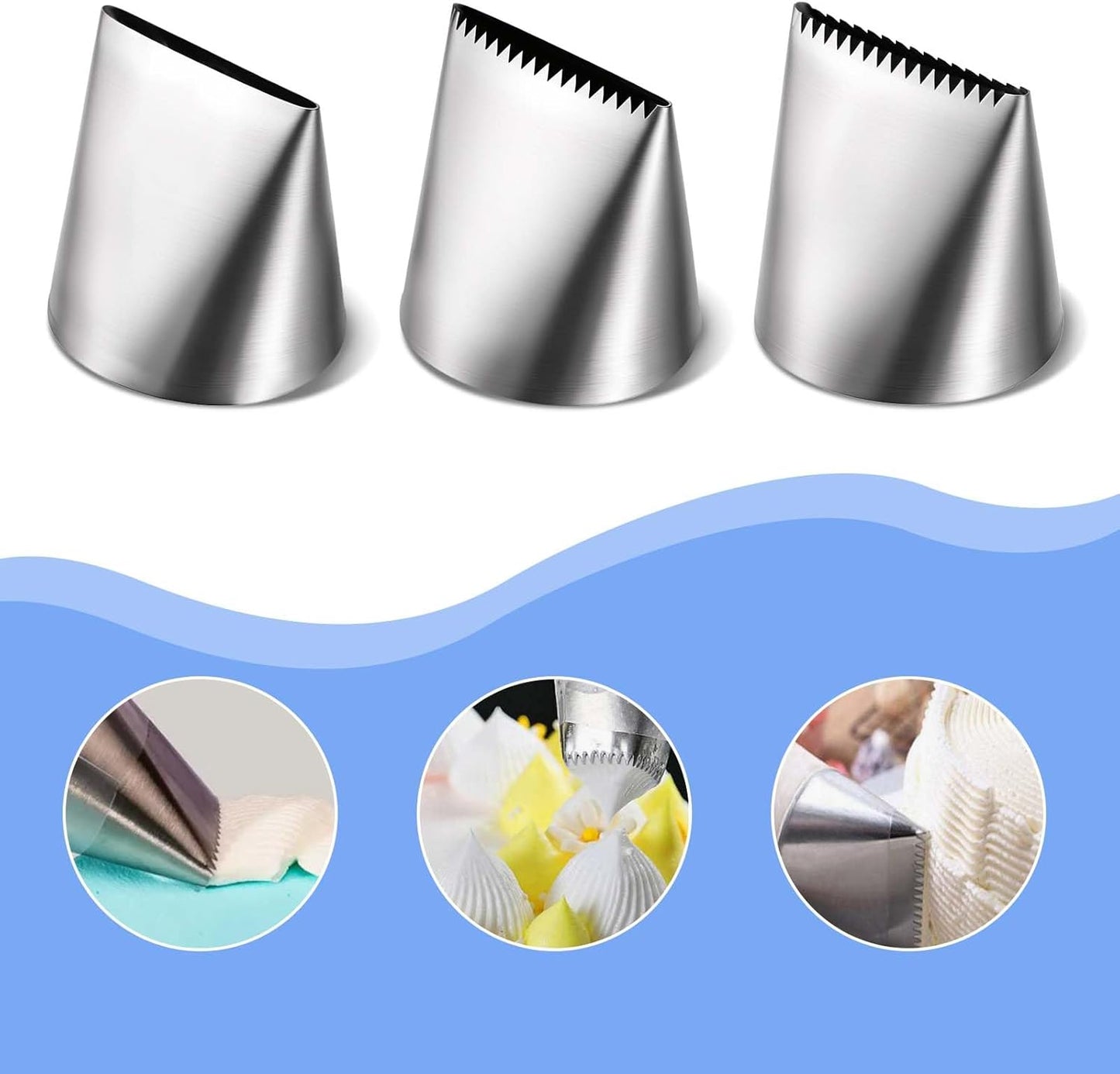 Ptwola 3 PCS Piping Tips Set Large Frosting Piping Kit Stainless Steel Cake Icing Nozzles Tips Decorating Tools Silver Pastry Bags Tips Accessories for Cookie Cupcake Baking Buttercream Supplies
