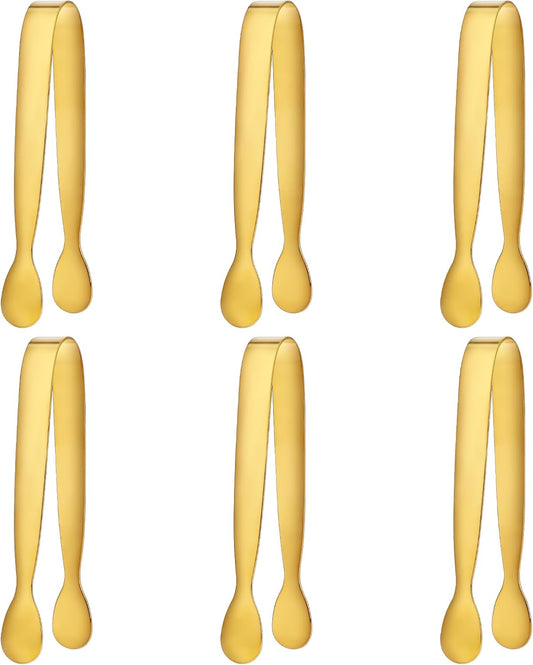 6Pcs Gold Small Tongs for Serving Food, 4 inches Gold Food Tongs Stainless Steel Buffet Tongs Kitchen Tongs, Serving Utensils for Buffet, Salad, Ice, Appetizer, Food for Tea Party Coffee Bar Catering