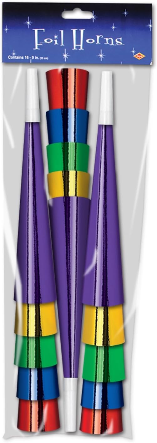 Beistle Packaged Multicolor Foil Horns Party Favors, 9-Inch, 15 Per Package,Multi Color