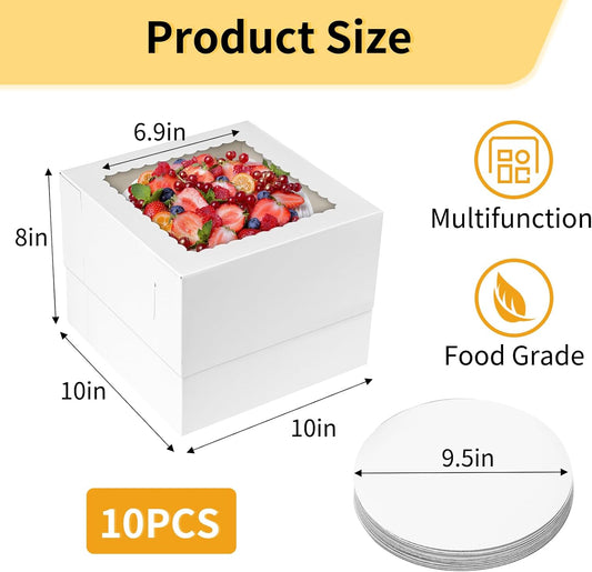 Moretoes 10 Sets Cake Boxes with Boards, 10x10x8 Inches Tall Bakery Boxes with Cake Boards with Window, Cajas Pasteles for Valentine's Day, Mother's Day, Pastries, Chocolates, Cookies, Pie