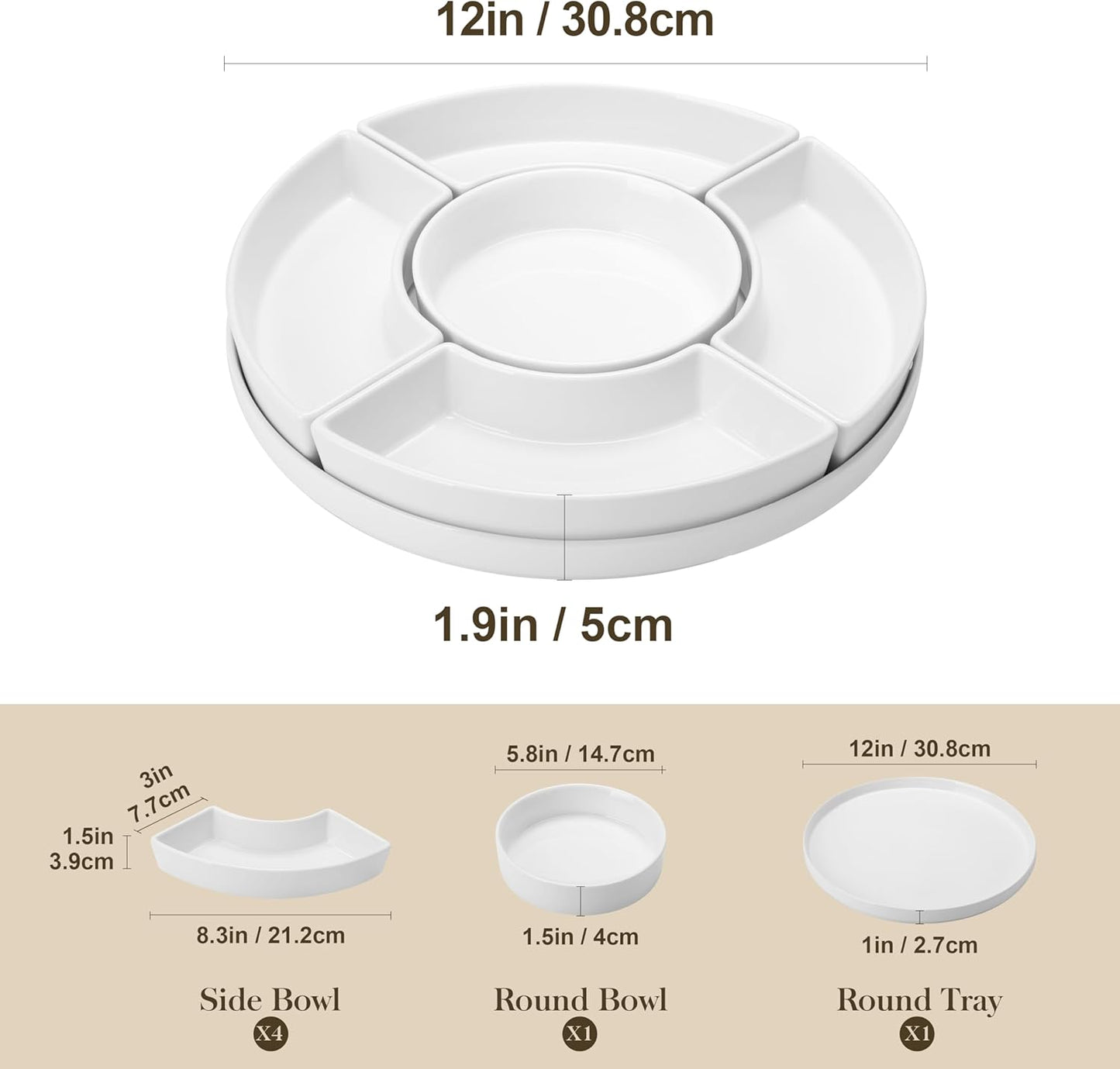 MALACASA Porcelain Divided Serving Dishes, Appetizers Tray, Serving Tray for Party - Perfect for Chips and Dip, Fruit, Veggies, Candy and Snacks, Divided Serving Platter, Relish Tray, White