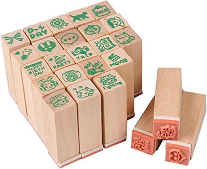 Pack of 25 Pcs Small Green Happy Life Shape Wooden Rubber Stamps with Box for DIY Craft Card and Photo Album (Green)